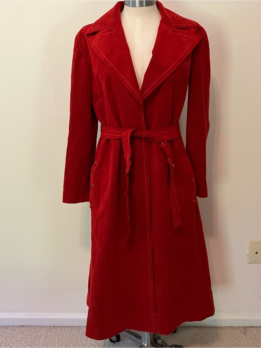 VTG Women’s Sz.8 70s Red Suede Leather Belted Trench Coat Long Boho Festival